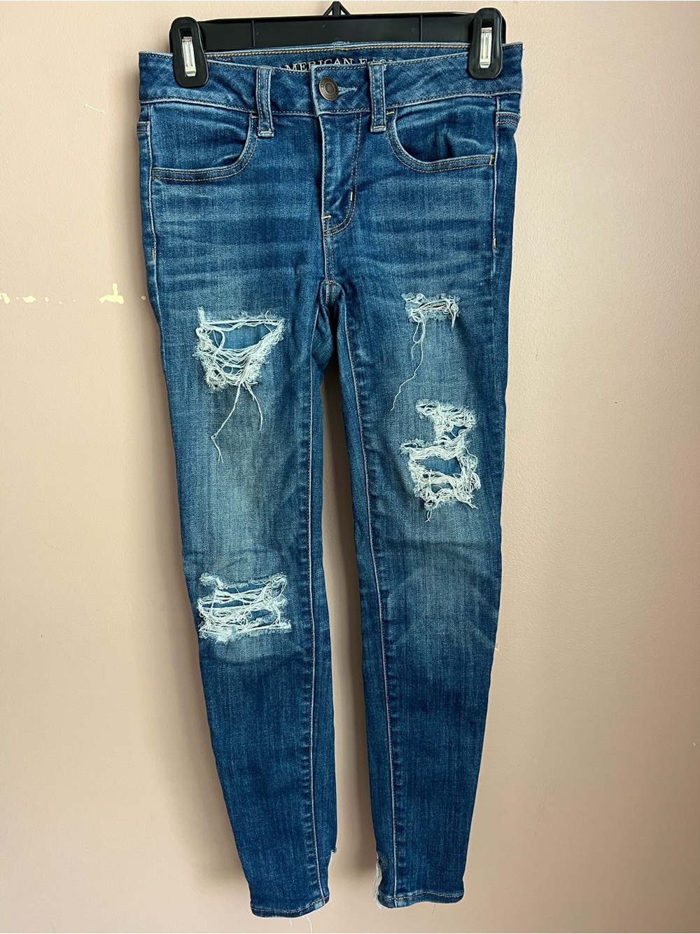 American Eagle Outfitters Dark Blue Distressed super stretch jegging 0 short